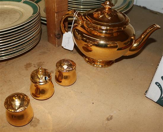 Worcester gold painted tea pot & 3 piece cruet(-)